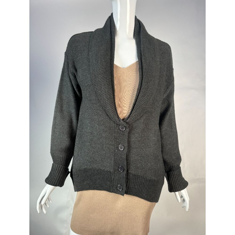 Love Rocks Womens Large Gray Acrylic Shawl Collar Button Cardigan Sweater